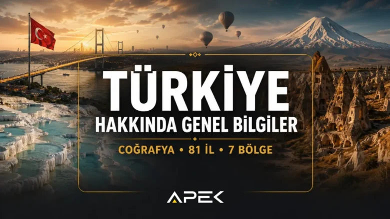 Türkiye hakkında genel bilgiler rehberi için hazırlanan öne çıkan görsel. Türkiye'nin coğrafi konumu, 81 ili, 7 coğrafi bölgesi ve doğal güzelliklerini temsil eden kapak görseli.