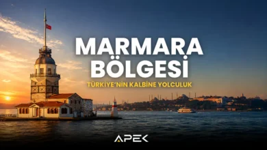 Marmara Bölgesi'ni simgeleyen Kız Kulesi manzarası ve Marmara Bölgesi başlıklı APEK görseli.
