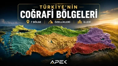 Türkiye'nin coğrafi bölgelerini gösteren harita. Marmara, Ege, Akdeniz, İç Anadolu, Karadeniz, Doğu Anadolu ve Güneydoğu Anadolu bölgelerini gösteren APEK.TR öne çıkan görseli.