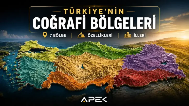 Türkiye'nin coğrafi bölgelerini gösteren harita. Marmara, Ege, Akdeniz, İç Anadolu, Karadeniz, Doğu Anadolu ve Güneydoğu Anadolu bölgelerini gösteren APEK.TR öne çıkan görseli.