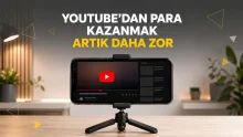 YouTube para kazanma şartlarının zorlaştığını anlatan telefon ve YouTube görseli