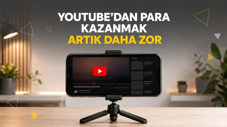 YouTube para kazanma şartlarının zorlaştığını anlatan telefon ve YouTube görseli